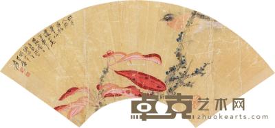 * 近现代 枫叶小鸟图扇面 镜片 纸本 50×18cm