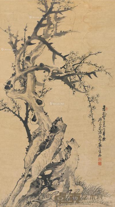 清代 梅石图 立轴 纸本 145×80cm