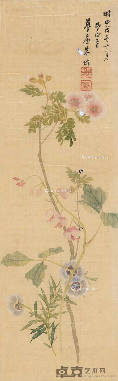 清代 花卉图 立轴 绢本 63×19.5cm