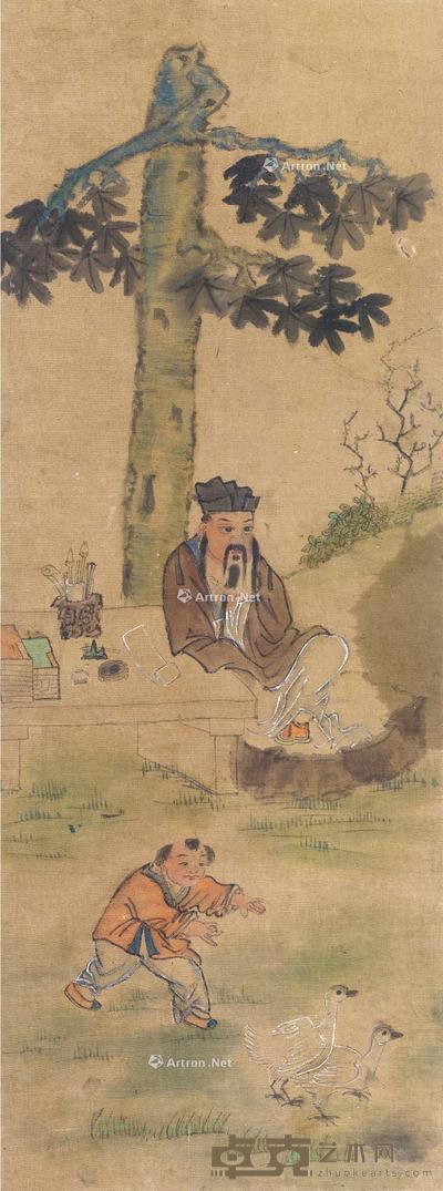  清代 松下童子戏鹅图 立轴 绢本 89×33cm