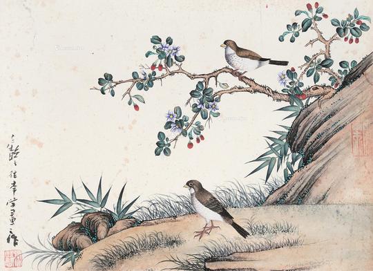  海棠小鸟 镜心 设色纸本