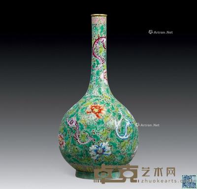  清 珐琅彩草龙花卉纹油锤瓶 高42.6cm；口径4.3cm；底径12cm