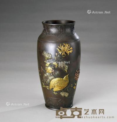  明治时期作 精工铜错金银安居乐业纹瓶 直径14.5cm；高29cm