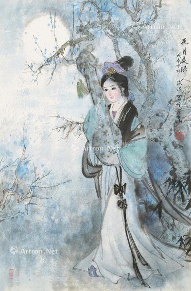  花月夜妇人 镜心 设色纸本
