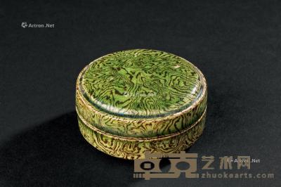  唐代 绞胎绿釉小盖盒 直径5.3；高2.8cm