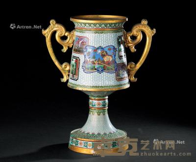  文革时期 铜掐丝珐琅开光杂技表演纹奖杯 长33.5cm；高39.3cm