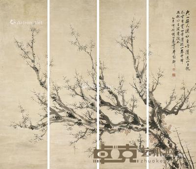 通景梅花 四条屏 立轴 设色纸本 141×37cm×4