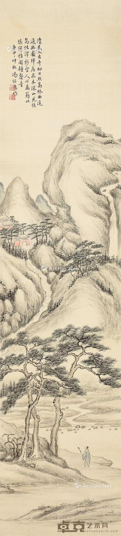  古寺高林图 立轴 设色绢本 80.5×18cm