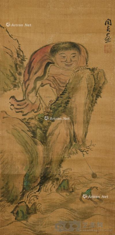  刘海戏金蝉 立轴 设色绢本 85.5×42cm