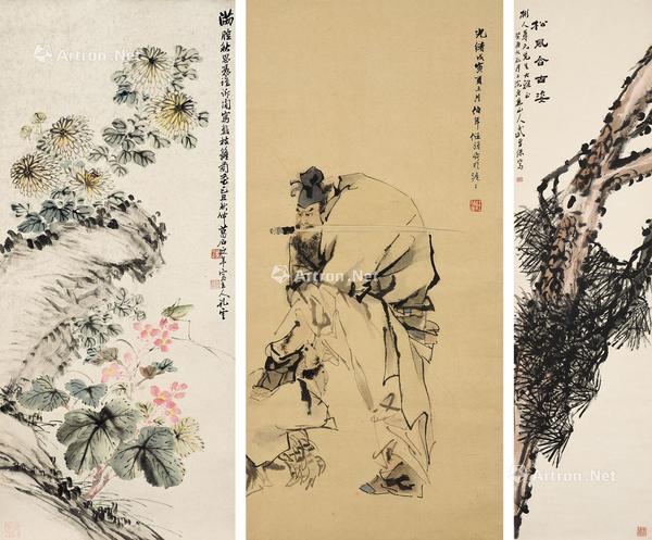 ①人物 ②松风含古姿 ③菊石 （三幅） 立轴 设色纸本