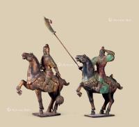  木雕彩绘武士骑马像 （二件一组）
