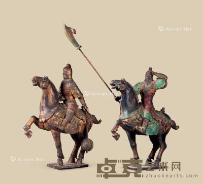  木雕彩绘武士骑马像 （二件一组） ①高117cm；②高119cm
