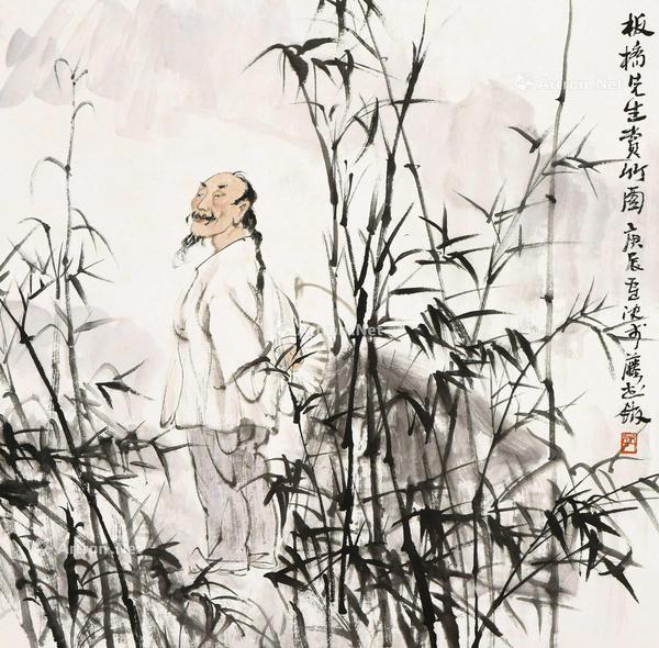  板桥先生赏竹图 立轴 设色纸本