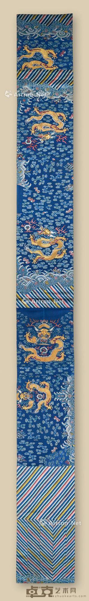  清代 蓝地纳纱金线龙纹刺绣 长31.3cm；高352cm