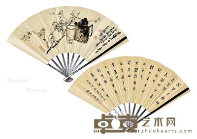 花卉 书法 成扇 纸本 19×50cm