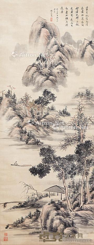 湖山渔隐 立轴 绫本 126×48cm