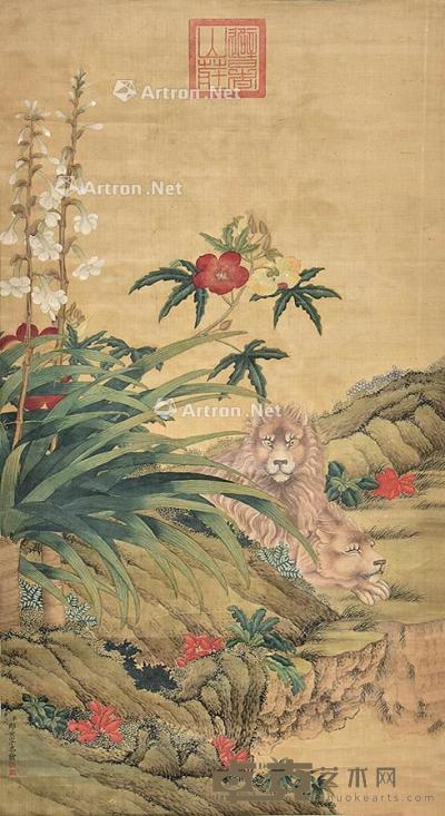  双狮图 立轴 绢本 98×53cm