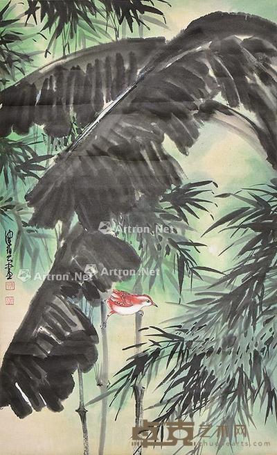 芭蕉小鸟 立轴 纸本 68×41cm