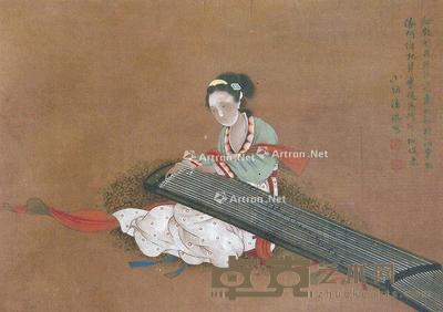 抚琴 立轴 绢本 45×64cm