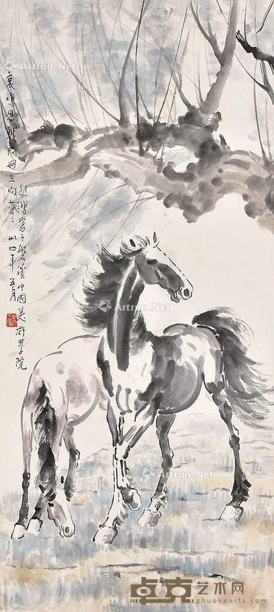双骏图 立轴 纸本 100×46cm
