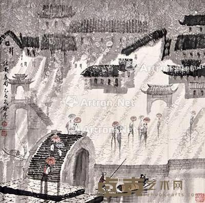 江南喜雨图 镜片 纸本 68×68cm