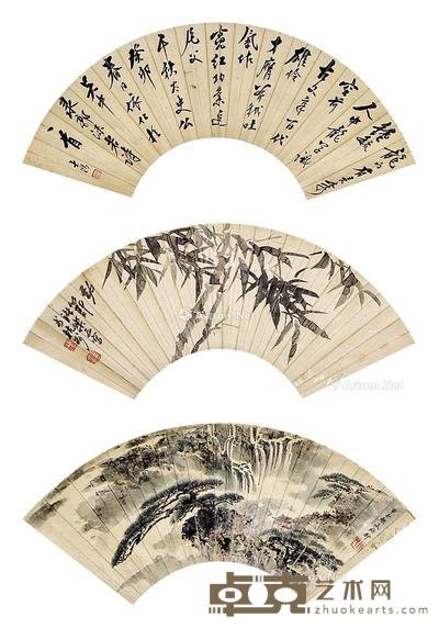 书画扇面三挖 立轴 纸本 17×50cm×3