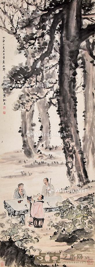 三老鉴宝图 立轴 纸本 132×46cm