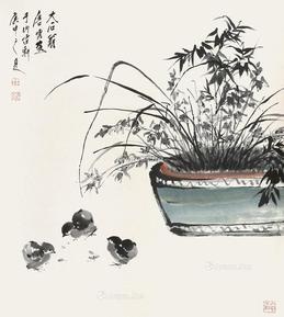  兰花雏鸡 立轴 纸本