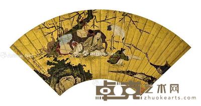 饲鹤图 扇面 镜框 泥金 17×44cm