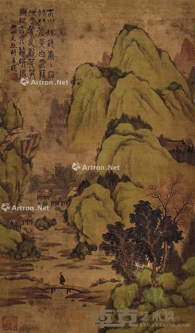 策杖访友 镜框 绢本 64×36cm