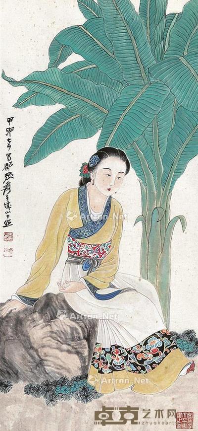  芭蕉仕女图 立轴 纸本 68×31cm