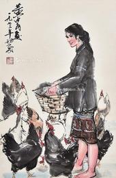  饲鸡图 立轴 纸本