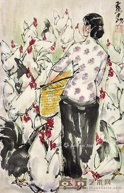 饲鸡图 镜框 纸本 64×40cm