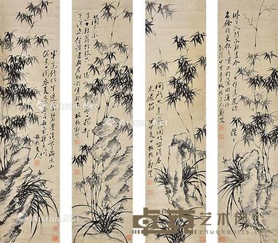 君子图四条屏 立轴 纸本 132×33cm×4