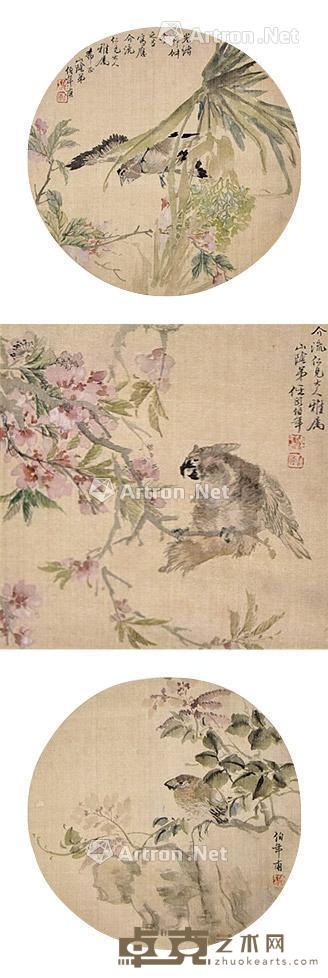 花鸟三挖 立轴 绢本 28×28cm;34×34cm×2