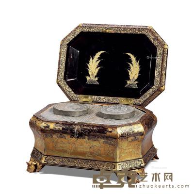 * 清19世纪 黑漆描金山水纹锡胆茶叶盒 长24.5cm