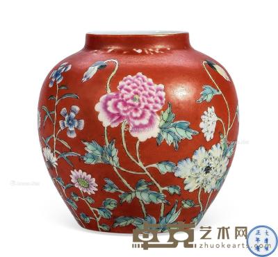  民国 红地粉彩花卉纹罐 高11.5cm