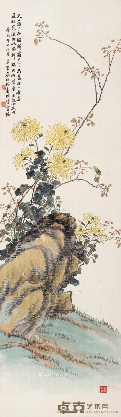  1921年作 菊石草虫 镜框 设色绢本 124×36cm