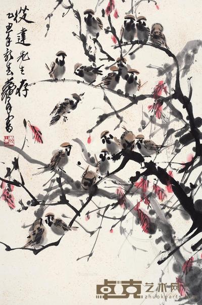 * 1985年作 群雀图 镜框 设色纸本 68.5×45cm