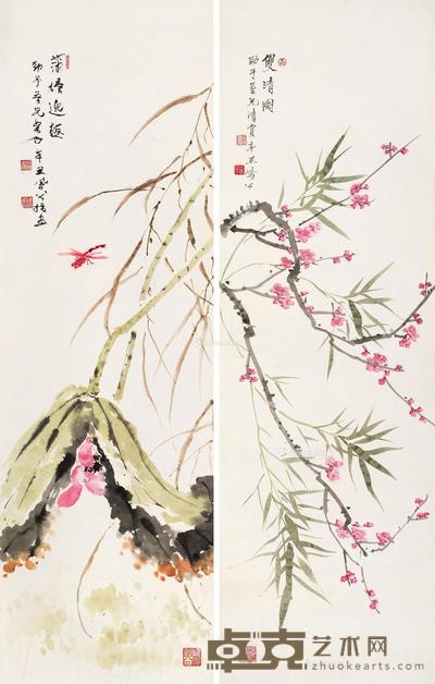  1961年作 双清图 蒲塘意趣 镜片 （二开） 设色纸本 110×34.5cm×2