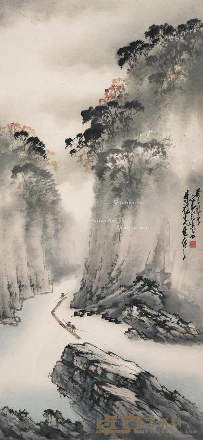 1953年作 峡江行舟 立轴 设色纸本 105×49cm