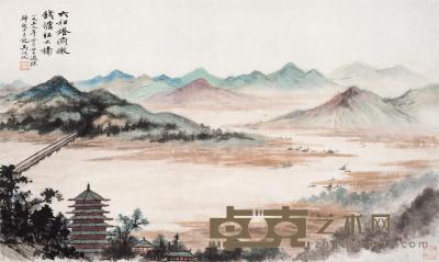 * 1959年作 六和塔俯瞰钱塘江大桥 镜框 设色纸本 50×84.5cm