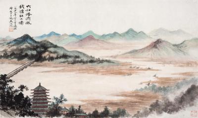 * 1959年作 六和塔俯瞰钱塘江大桥 镜框 设色纸本