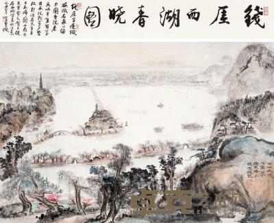  西湖春晓 镜框 设色纸本 绘画66×100.5cm；书法14.5×100.5cm