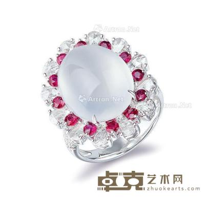  天然翡翠 配红宝石 及 钻石 戒指 --