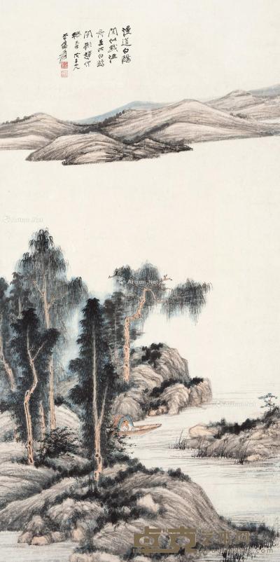 * 1948年作 秋江渔隐图 镜框 设色纸本 101.5×50.5cm