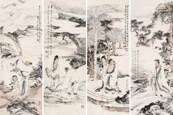  1941年作 人物四屏 镜框 设色纸本