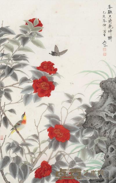  2019年作 山茶小鸟 镜框 设色绢本 71×43.5cm