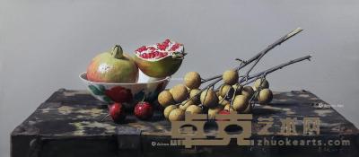  2019年作 石榴桂圆山楂 布面油画 35×80cm