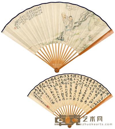 人物 书法 成扇 设色纸本 17×39cm